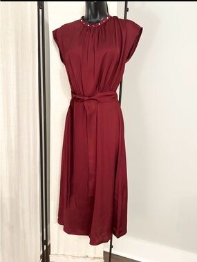 Sandro Burgundy Sleeveless Studded Belted Satin Midi Dress 36